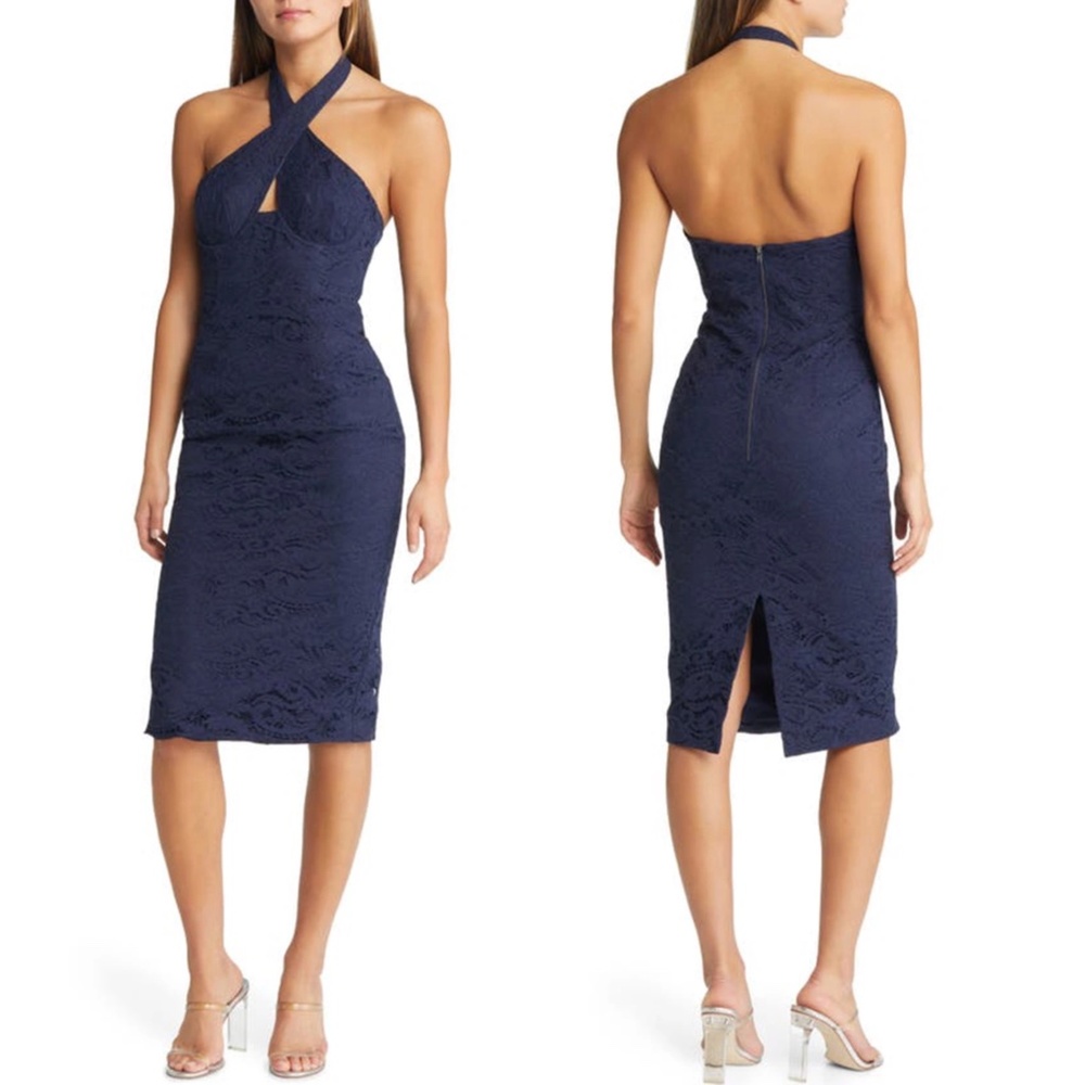 NEW BARDOT Navy LACE Riviera CROSSOVER Halter Neck CUTOUT Corset SHEATH DRESS M
